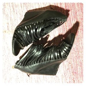 Black “leather” strap, open toe wedge.